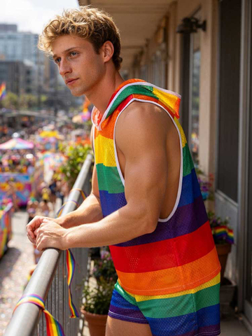 Rainbow Striped Hooded Tank Top Shorts Two-Piece Set